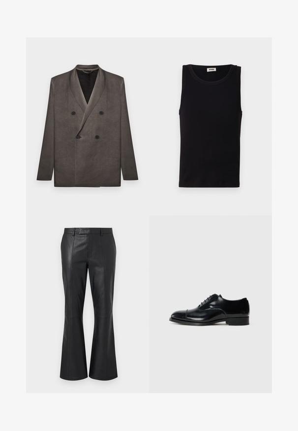 Blazer gris foncé croisé avec revers à pointe et quatre boutons noirs, présenté à plat sur un fond blanc.; Débardeur noir sans manches en coton doux. Il présente une encolure ronde et une coupe droite, avec des détails de couture minimaux.; Pantalon en cuir noir avec une taille mi-haute, des passants pour ceinture, des coutures avant détaillées et un léger évasement au bas des jambes.; Chaussure de ville en cuir noir avec une finition polie, bout rond, design à lacets et un petit talon empilé, présentant un détail de couture subtil.