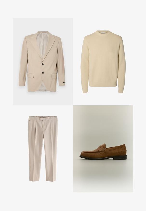 Beige blazer med en lukning af to knapper, klippet lapel, forlommer og en enkelt brystlomme. Glat stof med en skræddersyet pasform.; Enkel beige crewneck striktrøje med lange ærmer og ribstrikkede manchetter og kant.; Beige bukser med lige ben, elastisk talje og forreste læg, designet til en behagelig pasform.; Brun ruskind loafer med en lav sort hæl og et syet remdetalje på overdelen, vist fra siden mod en neutral baggrund.