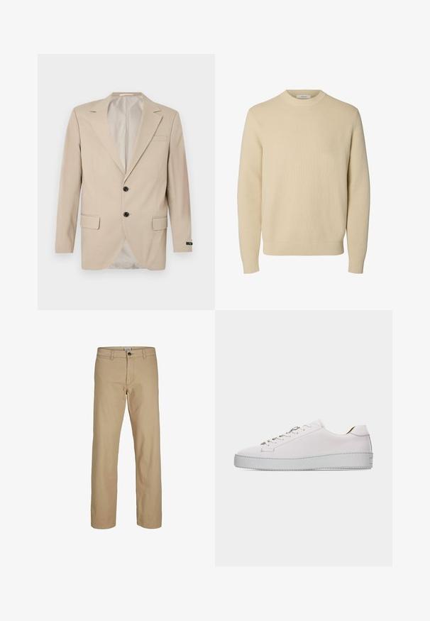 Blaser beige avec une fermeture à deux boutons, des revers crantés, des poches frontales et une poche poitrine simple. Tissu lisse avec une coupe ajustée.; Pull tricoté beige uni à col rond, manches longues avec poignets et bas côtelés.; Pantalon beige à jambes droites avec fermeture à boutons, passants pour ceinture et poches avant, présenté sur un fond blanc.; Baskets basses en cuir blanc avec lacets blancs, semelle en caoutchouc plate texturée et coutures minimalistes, vues de côté extérieur sur fond blanc.