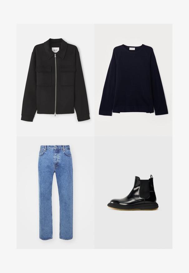NN.07 ALBAN - Let jakke / Sommerjakker - black; OFFICINE GENERALE NATE CNECK - Striktrøje - black; Won Hundred STEVE - Jeans Relaxed Fit - cut blue; Sorte læder Chelsea støvle med en blank finish, elastiske sidelapper, slæbetab og en struktureret gummisål.
