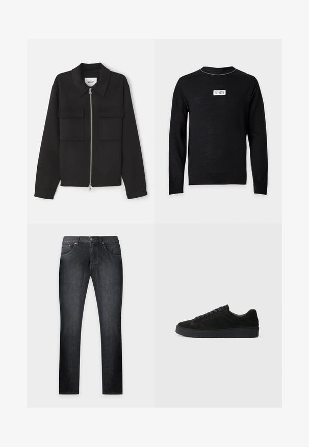 NN.07 ALBAN - Let jakke / Sommerjakker - black; Sort langærmet sweater med hvide syninger ved halsudskæringen og et lille hvidt rektangulært logo-mærke centreret på brystet.; Sorte slim-fit jeans med fem lommer og knaplukning, vist fladt på en lys baggrund.; Sort semsket sneakers med en flad, tekstureret sål, rund tå, seks snørrehuller og et minimalistisk design.