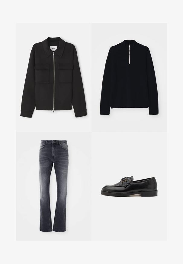 NN.07 ALBAN - Leichte Jacke - black; Schwarzes Langarmoberteil aus einem weichen Material, mit einem hohen Stehkragen und einem halbseitigen Reißverschluss an der Vorderseite, in lockerem Schnitt.; Graue Jeans aus Denim mit einem ausgestellten Bein-Design, das eine leicht ausgewaschene Optik, fünf Taschen und einen vorderen Knopfverschluss aufweist.; Schwarze Leder-Lederschuhe mit abgerundeter Zehenpartie und dekorativem Schnallenakzent. Flacher, solider Absatz und durchgehend glatte Oberfläche.