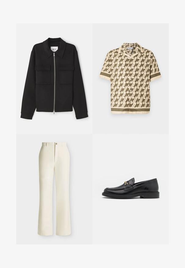 NN.07 ALBAN - Leichte Jacke - black; Kurzärmeliges Hemd mit Knopfleiste in beige und olivgrünem geometrischem Muster sowie kontrastierendem Saum- und Ärmelabschluss.; Hoch taillierte, weit geschnittene cremefarbene Hose mit Gürtelschlaufen und vorderer Knopf- und Reißverschluss vor einfarbigem Hintergrund.; Schwarze Lederleter mit einer abgerundeten Zehenpartie, ausgestattet mit goldenen Hardwareakzenten und Stichdetails, auf einer niedrigen, strukturierten Gummisohle.