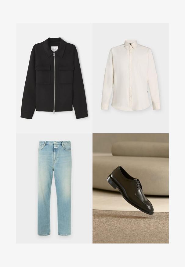 NN.07 ALBAN - Let jakke / Sommerjakker - black; Beige skjorte med lange ærmer, knapper foran, spids krave og standard manchetter, vist på en ensfarvet lys baggrund.; Lyseblå straight-leg jeans lavet af denim med et klassisk fem-lomme design, kontrastsyninger og en knaplukning i taljen.; Sort lædersko med lukket snørebånd svæver over beige tæppe, beige sofa sløret i baggrunden.