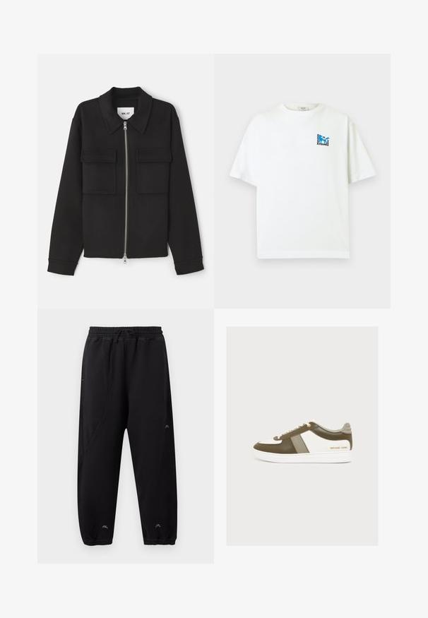 NN.07 ALBAN - Lichte jas - black; Witte T-shirt met korte mouwen, voorzien van een klein blauw vosje-logo en de tekst "Maison Kitsuné 2062 Paris" op de linkerborst.; Zwarte joggingbroek met elastische tailleband en boorden, slim fit, subtiele stiksel-details en klein wit logo bij enkels en dij.; Low-profile sneaker met witte en olijfgroene panelen, beige accenten, witte zool, veters en gouden "Michael Kors"-logo aan de zijkant.