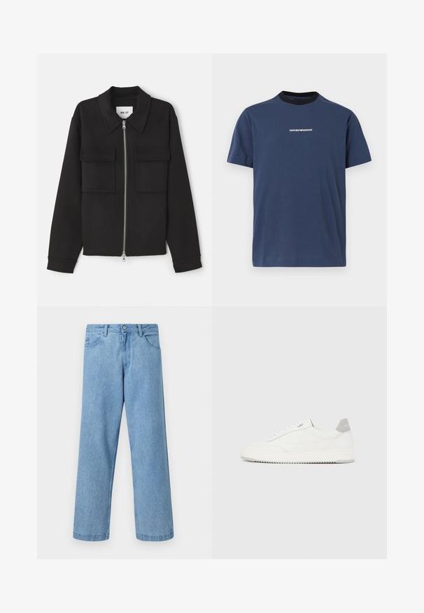 NN.07 ALBAN - Let jakke / Sommerjakker - black; Marineblå T-shirt med korte ærmer, sort rund hals og lille hvid Emporio Armani-logo centreret på brystet.; Lyseblå straight-leg denimjeans med forlommer, bæltestropper og knaplukning mod en ensfarvet baggrund.; Hvid lavtop-sneaker med gråt hælflig, hvide snørebånd og tekstureret sål, vist på en ensfarvet lys baggrund.