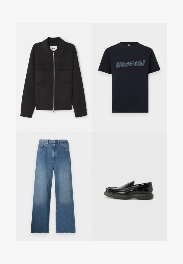 NN.07 ALBAN - Let jakke / Sommerjakker - black; Sort bomulds-T-shirt med en tekstureret, blå broderet tekstgrafik på fronten. Klassisk rund hals og korte ærmer.; Bredde ben blå denim jeans med et klassisk fem-lomme design, frontlukning med knap og let falming for tekstur.; Sort læderloafer med en blank finish, rund tå, subtile syninger og en tyk gummisål for holdbarhed.