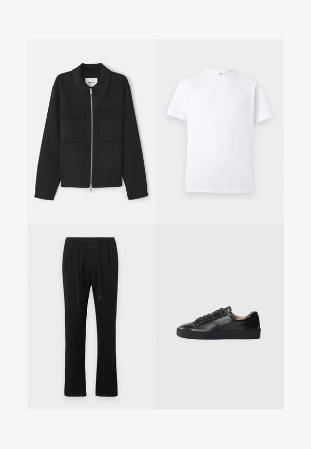 NN.07 ALBAN - Lichte jas - black; Effen wit T-shirt met korte mouwen en een ronde hals, voorzien van een klein binnenlabel bij de hals, weergegeven tegen een neutrale achtergrond.; Zwarte rechte broek met voorplooien, knoop- en ritssluiting, en trekkoord aan de tailleband.; Zwarte leren sneaker met een gladde textuur, ronde neus en vetersluiting. Heeft een dikke rubberen zool en minimale merkaanpassing.