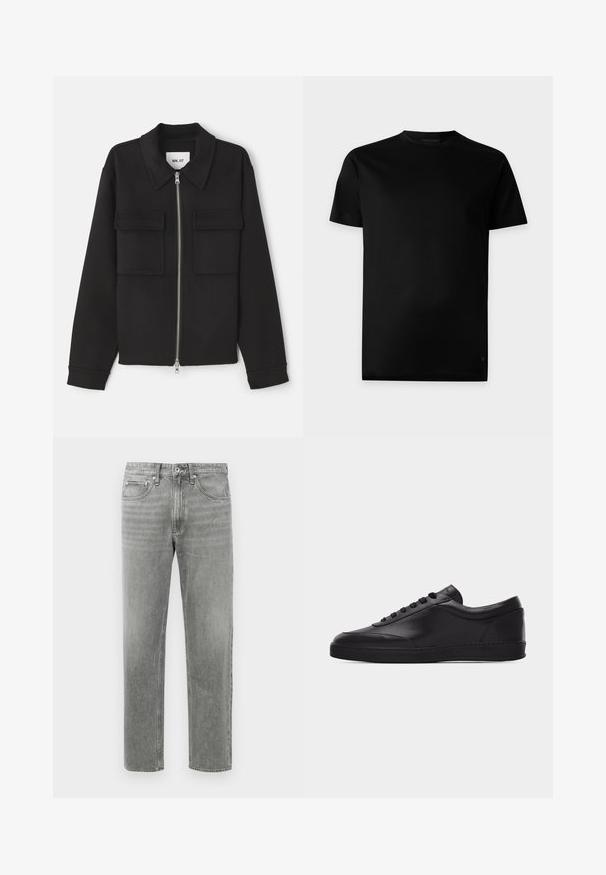NN.07 ALBAN - Chaqueta fina - black; Camiseta negra lisa de manga corta y cuello redondo, mostrada desde el frente sobre un fondo gris claro.; Jeans de mezclilla gris con corte recto, que cuentan con un diseño clásico de cinco bolsillos y un sutil desgaste para darle textura. Cierre estándar con cremallera.; Zapatilla baja negra de cuero con cordones en la parte delantera y suela plana de goma, mostrada de perfil sobre un fondo blanco liso.