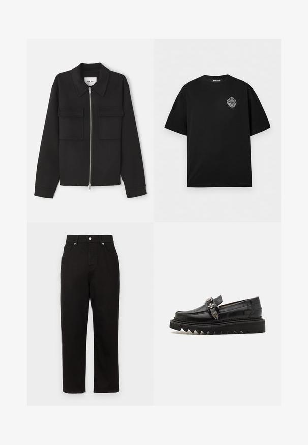 NN.07 ALBAN - Leichte Jacke - black; Schwarzes T-Shirt mit kurzen Ärmeln und Rundhalsausschnitt, mit kleinem, kunstvoll verziertem grauem Emblem auf der linken Brust und "Just Cavalli"-Label im Krageninneren.; Schwarze Denim-Hosen mit geradem Bein, hohem Bund, vorderen Taschen und silbernem Zubehör am Bund.; Schwarze Leder Slipper mit silbernen Hardware-Akzenten, einer erhöhten Zickzack-Sohle und einem schlanken, runden Design; glatte Textur und glänzende Oberfläche.