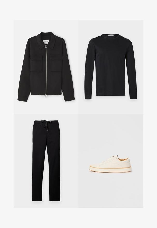 NN.07 ALBAN - Leichte Jacke - black; Schwarzes Langarmshirt mit Rundhalsausschnitt, schlanker Passform und kleinem "Tiger of Sweden"-Label innen im Nacken.; Schwarze Hosen aus leichtem Stoff, ausgestattet mit einem elastischen Bund mit Kordelzug, geraden Beinen und Seitentaschen.; Weiße Leder-Sneaker mit runder Zehenpartie, einfachem Schnürdesign, gepolstertem Innenfutter und einer kontrastierenden Gummisohle in Tan. Gleiche glatte Textur über die gesamte Oberfläche.