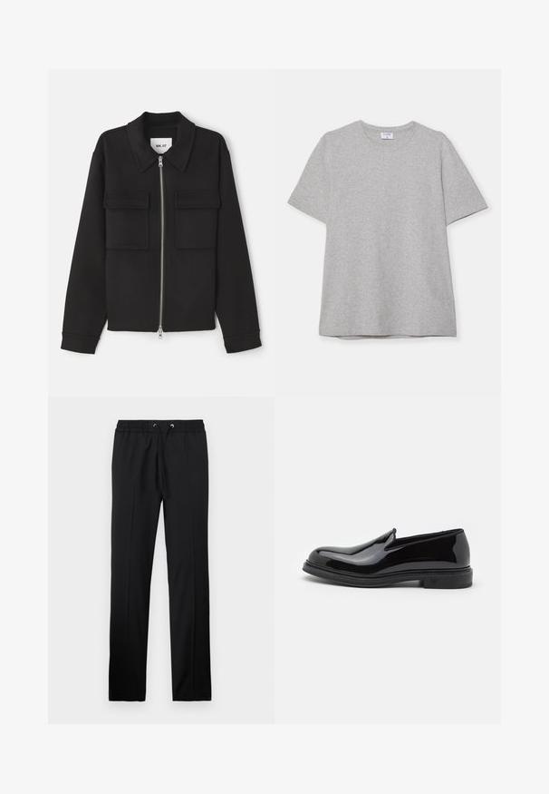 NN.07 ALBAN - Let jakke / Sommerjakker - black; Grå kortærmet T-shirt lavet af blødt, struktureret stof. Har en klassisk rund hals og en lige kant, velegnet til afslappet brug.; Iceberg PANTALONI - Bukser - nero; Sorte patentlæder slip-on sko med rund tå, har en tekstureret sål og subtil branding på hælen. Glat overfladefinish.