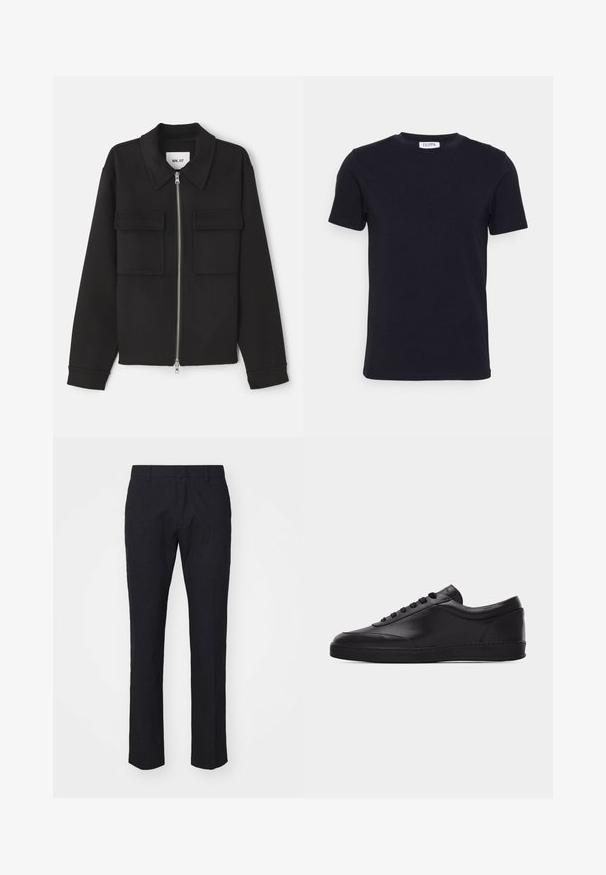 NN.07 ALBAN - Leichte Jacke - black; Schwarzes T-Shirt mit kurzen Ärmeln und Rundhalsausschnitt, mit einem kleinen weißen Etikett auf der Innenseite des Kragens.; Marineblaues Hosen im maßgeschneiderten Schnitt, hergestellt aus glattem Stoff. Mit flachem Frontschnitt, Gürtelschlaufen und geraden Beinen mit einem sauberen Saum.; Schwarzer flacher Leder-Sneaker mit Schnürung vorne und flacher Gummisohle, seitlich auf einem schlichten weißen Hintergrund gezeigt.