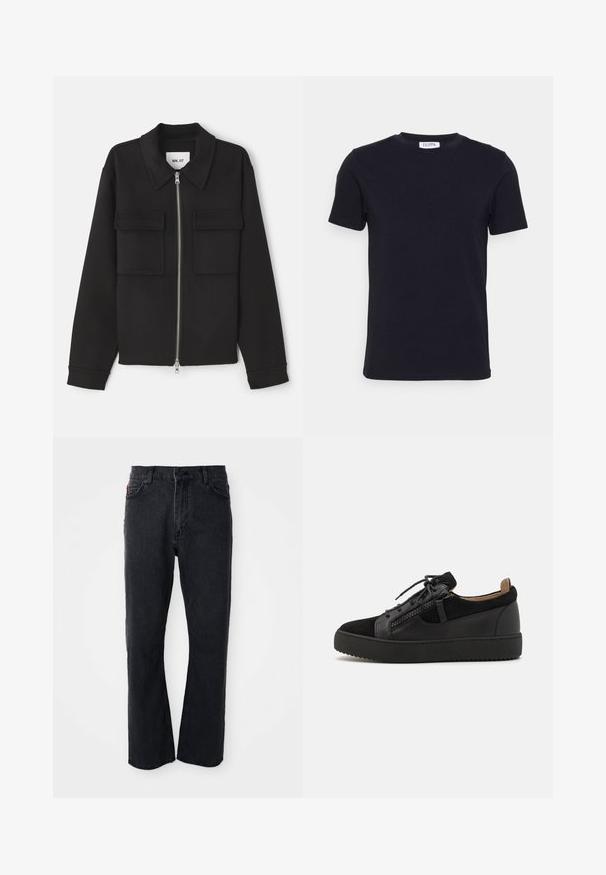 NN.07 ALBAN - Leichte Jacke - black; Schwarzes T-Shirt mit kurzen Ärmeln und Rundhalsausschnitt, mit einem kleinen weißen Etikett auf der Innenseite des Kragens.; Schwarze Denim-Jeans mit geradem Bein, hoher Taille, Knopfverschluss und dezenten Nähdetails an den Taschen und Nähten.; Giuseppe Zanotti DOUBLE ZIP - Sneaker low - black