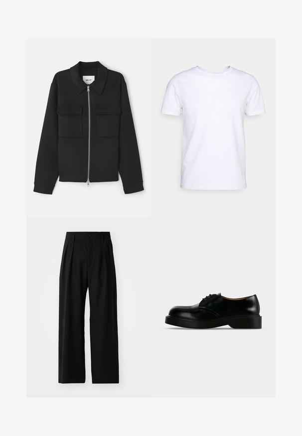 NN.07 ALBAN - Chaqueta fina - black; Camiseta blanca de manga corta en tejido de algodón con cuello redondo. Diseño simple sin patrones ni acentos. Textura suave.; Pantalones de pierna ancha negros con una textura suave, que cuentan con dos pliegues frontales, cierre de botón y bolsillos laterales. Tejido duradero.; Zapato de vestir negro de cuero pulido con cordones, suela gruesa, punta redondeada y tacón bajo, mostrado de lado sobre un fondo liso.