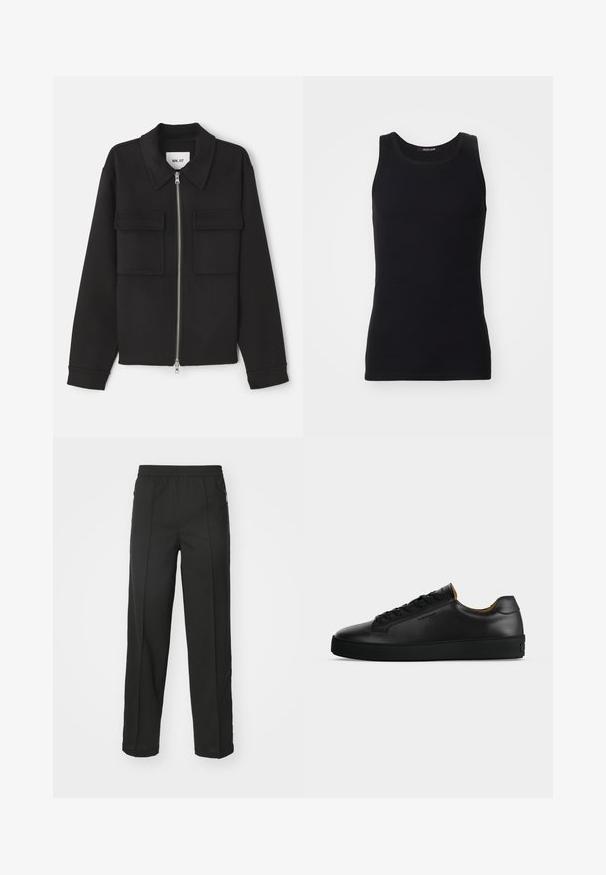 NN.07 ALBAN - Lichte jas - black; Zwarte tanktop gemaakt van een gladde, rekbare stof. Heeft een ronde halslijn en geen mouwen, met een slim fit en een eenvoudig ontwerp.; Zwarte broek van rekbaar materiaal, met een rechte snit, zijzakken met rits en een gladde textuur zonder zichtbare patronen.; Zwarte lage leren sneaker met zwarte veters, gestructureerde rubberen zool en klein geperst logo aan de zijkant, zijaanzicht tegen een grijze achtergrond.