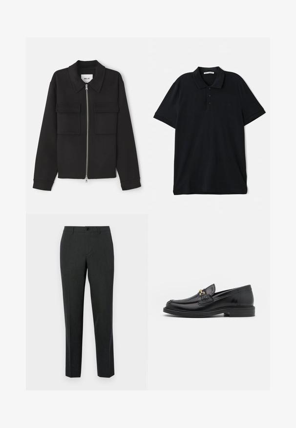 NN.07 ALBAN - Letná bunda - black; Čierna polo košeľa vyrobená z bavlny, s klasickým golierom, trojkoľkovou légou, krátkymi rukávmi a diskrétnym logom vpredu.; Kvalitné tmavosivé nohavice s presným strihom, vyrobené z hladkej látky, s rovnými nohavicami, prednými vreckami a jedným gombíkom na zapínanie.; Čierne kožené loafers so zaoblenou špičkou, s pozlátenými kovovými prvkami a detailným šitím, uložené na nízkej, textúrovanej gumenej podrážke.