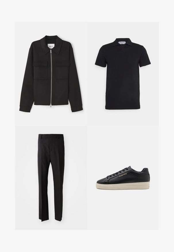 NN.07 ALBAN - Let jakke / Sommerjakker - black; Sort kortærmet polo-shirt med klassisk krave, lavet af glat stof. Har et mærke med brandnavnet 'Filippa K' ved halsudskæringen.; Sorte bukser med lige pasform, lavet af glat stof, med en talje der har bæltestropper og sidelommer. Ingen synlige mønstre eller detaljer.; Sorte lædersneakers med en glat finish, kontrasterende cremefarvet sål, rund tå, guld logo på siden og seks huller til snørebånd.