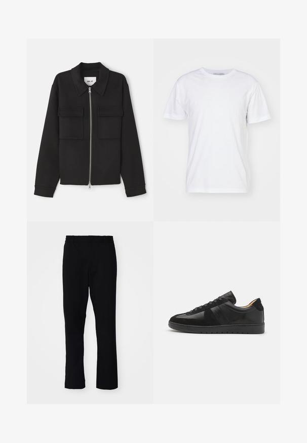 NN.07 ALBAN - Chaqueta fina - black; Camiseta de algodón blanca con escote redondo, mangas cortas y corte recto. Sin patrones ni adornos, textura suave y diseño sencillo.; Pantalones negros con corte ajustado. Cuentan con una cinturilla elástica y perneras rectas, fabricados con una tela suave con un acabado mate.; Tiger of Sweden BELLICU - Zapatillas - black