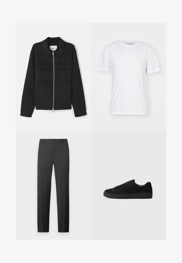 NN.07 ALBAN - Let jakke / Sommerjakker - black; Hvid bomulds t-shirt med rund halsudskæring, korte ærmer og lige snit. Ingen mønstre eller udsmykninger, glat tekstur og enkel design.; Skræddersyede mørkegrå bukser lavet af et glat stof. Har en knaplukning, bæltestropper og lige ben for en klassisk pasform.; Sort semsket sneakers med en flad, tekstureret sål, rund tå, seks snørrehuller og et minimalistisk design.