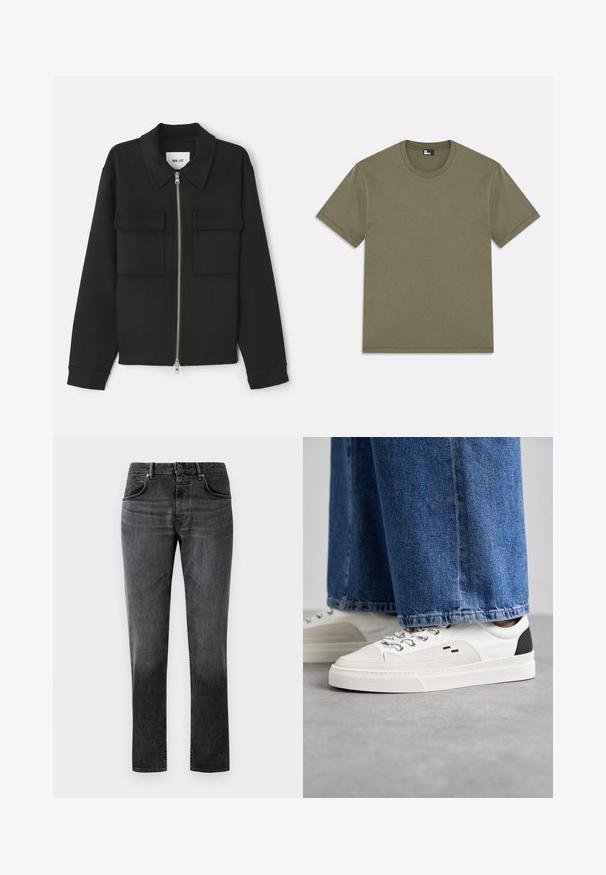NN.07 ALBAN - Leichte Jacke - black; Olivengrünes Baumwoll-T-Shirt, kurze Ärmel, runder Halsausschnitt, gerade geschnitten, weiche Textur, keine Muster, minimalistisches Design, Etikett am inneren Halsausschnitt.; Schwarze Denim-Jeans mit geradem Schnitt, 5-Taschen-Design und subtiler Ausbleichung. Verfügt über einen Knopfverschluss und Gürtelschlaufen. Glatte Textur.; Weiße und schwarze Sneaker mit einem Obermaterial aus glattem Leder, strukturierten Akzenten und einer massiven weißen Sohle. Verfügt über ein klassisches Schnürdesign.