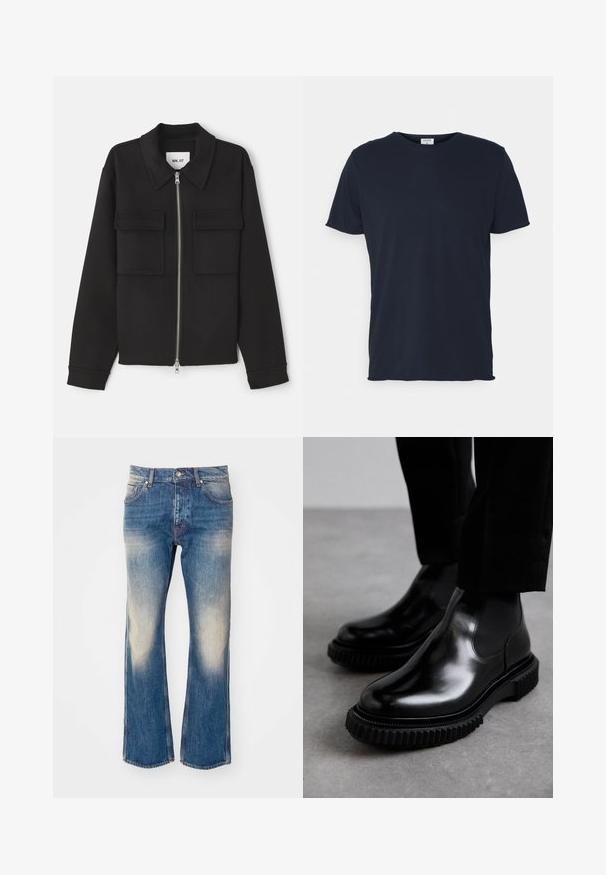 NN.07 ALBAN - Let jakke / Sommerjakker - black; Marineblå bomulds t-shirt med rund hals og korte ærmer, med en glat tekstur og enkel design, uden synlige mønstre eller accenter.; Lys blå denim flared jeans med falmning på lårene, fem lommer, metalknaplukning og kontrasterende sømdetaljer.; Sorte læder Chelsea støvler med en glat overflade, elastiske sidepaneler og en tykkere, struktureret gummisul med et robust dækmønster.
