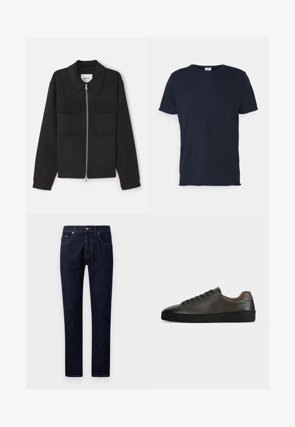 NN.07 ALBAN - Let jakke / Sommerjakker - black; Marineblå bomulds t-shirt med rund hals og korte ærmer, med en glat tekstur og enkel design, uden synlige mønstre eller accenter.; Mørkeblå denim jeans med slim fit, med fem lommer, kobber nitter og kontrasterende syninger langs sømmene. Glat tekstur.; Lavtskåret mørkegrå læder sneaker med sorte snørebånd og sål, minimalistisk design, sideprofil på en ensfarvet lys baggrund.