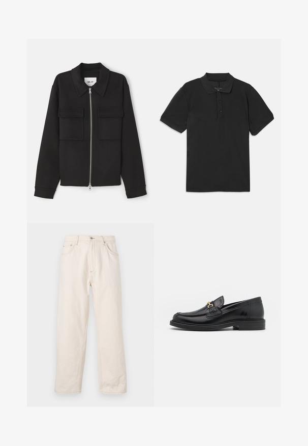 NN.07 ALBAN - Lichte jas - black; Zwarte polo met korte mouwen, een kraag en een drieknopenlijst. Gemaakt van een gladde, lichte stof met een klassiek ontwerp.; Beige rechte jeans gemaakt van denim, met een knoopsluiting, vijf zakken en zichtbare stikseldetails. Gladde textuur.; Zwarte leren instappers met een ronde neus, voorzien van een gouden hardware accent en stikdetails, geplaatst op een lage, getextureerde rubberen zool.