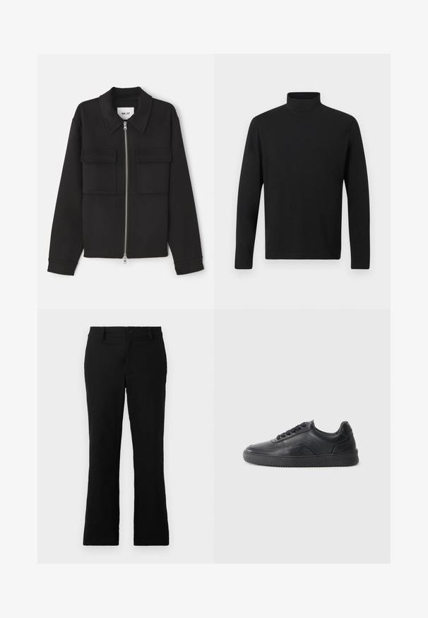 NN.07 ALBAN - Lichte jas - black; Zwarte coltrui gemaakt van gladde stof. Beschikt over lange mouwen en een hoge kraag. Eenvoudig ontwerp zonder extra patronen of accenten.; Zwarte uitlopende broek van een katoenmix, voorzien van een knoopsluiting, riemlussen en een gladde textuur zonder zichtbare patronen.; Zwarte leren sneaker met een gladde afwerking, ronde neus, textuurpaneel aan de zijkant en zwarte veters. Voorzien van een platte rubberen zool en een minimalistisch ontwerp.