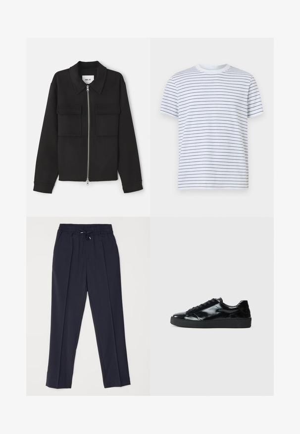 NN.07 ALBAN - Let jakke / Sommerjakker - black; Hvid T-shirt med korte ærmer med tynde, jævnt fordelt sorte vandrette striber og rund halsudskæring vist på en ensfarvet baggrund.; Mørkeblå bukser med elastisk talje og snøre. Har to frontfolder og tætsiddende ben for en struktureret silhuet.; Sorte laklæder sneakers med rund tå, snørredesign, tekstureret gummisål og en glat overflade.