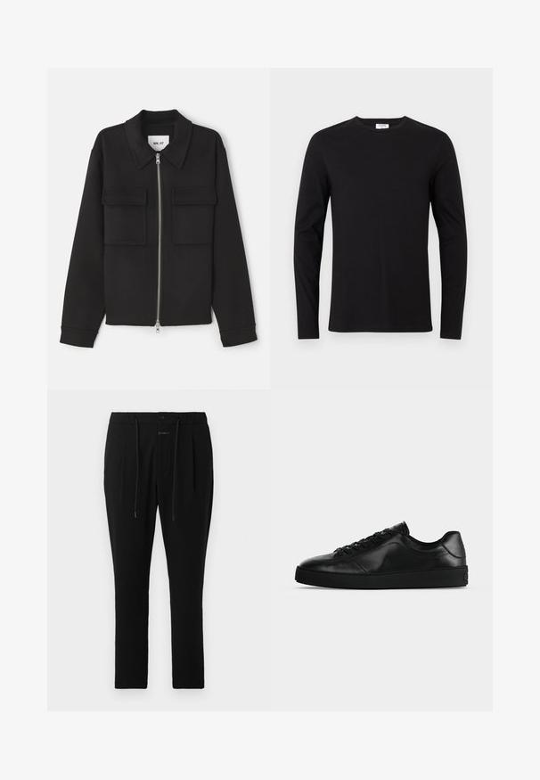 NN.07 ALBAN - Leichte Jacke - black; Schwarzes Langarm-T-Shirt aus Baumwolle mit Rundhalsausschnitt und einem schlichten Design ohne sichtbare Muster oder Verzierungen.; CLOSED VIGO TAPERED - Chino - dark night; Niedrig geschnittener schwarzer Ledersneaker mit Schnürung vorne und strukturierter flacher Sohle, seitlich auf neutralem Hintergrund gezeigt.