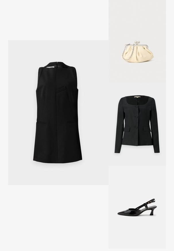 Veste noire taillée avec un col arrondi, des manches longues, trois boutons à l'avant et deux poches à rabat. Texture lisse, coupe structurée.; Haut sans manches noir avec un col montant, design structuré, détail de poche avant et fermeture éclair dissimulée à l'arrière, fabriqué à partir d'un tissu texturé.; Chaussure slingback en cuir verni noir à petit talon, bout pointu et bride réglable avec boucle dorée sur fond blanc.; Pochette en cuir beige plissé avec un cadre en métal argenté, dotée de deux fermoirs ronds décoratifs et d'une chaîne en argent.