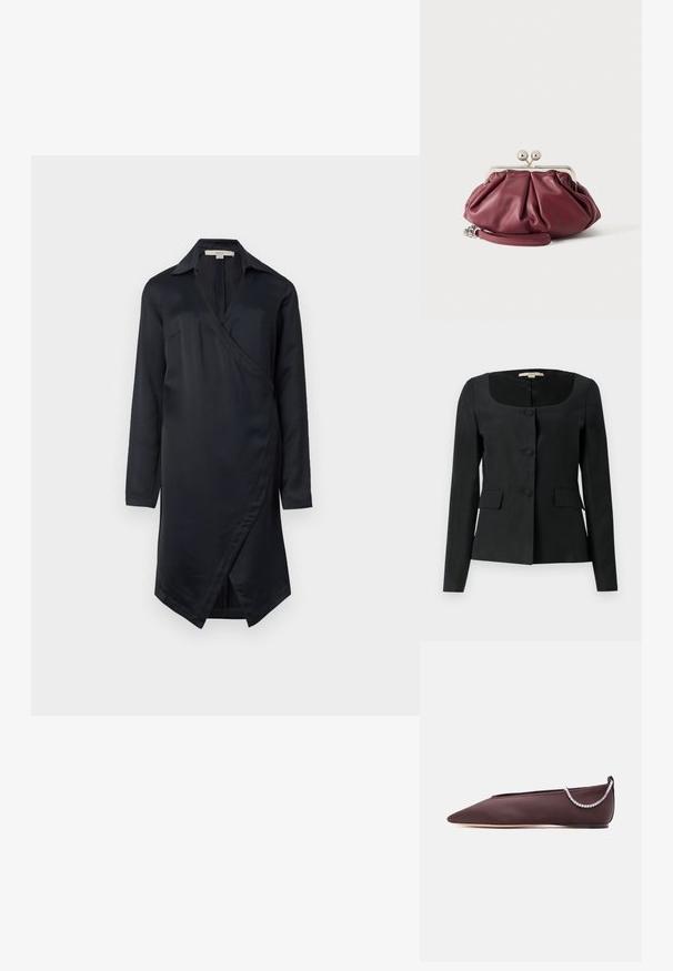 Veste noire taillée avec un col arrondi, des manches longues, trois boutons à l'avant et deux poches à rabat. Texture lisse, coupe structurée.; Robe portefeuille en satin noir avec col, manches longues et fermeture à bouton sur le côté. Présente une texture lisse et une bordure au niveau du genou.; Chaussure plate marron foncé à bout pointu avec un petit talon et un détail chaîne en strass argentée à l'arrière.; Petite pochette en cuir bordeaux avec fermoir en métal argenté et bracelet pour poignet sur fond blanc.