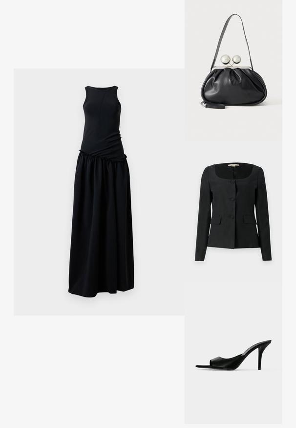 Veste noire taillée avec un col arrondi, des manches longues, trois boutons à l'avant et deux poches à rabat. Texture lisse, coupe structurée.; Robe noire avec un haut ajusté à col rond et une jupe froncée et fluide. Fabriquée à partir d'un tissu doux et lisse avec une texture homogène.; Mule à talon haut en cuir noir à bout ouvert avec un talon stiletto fin, vue de profil sur un fond uni.; Sac à main en cuir noir avec un design plissé, une sangle unique, un cadre métallique argenté et deux grandes fermoirs ronds en argent.