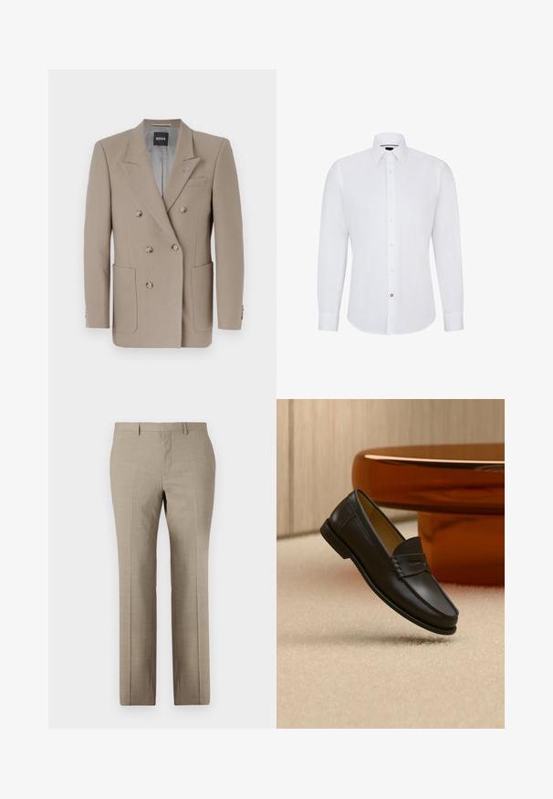Blazer beige à double boutonnage avec deux grandes poches avant, revers aigus et boutons argentés. Présente une texture unie et une coupe ajustée.; Chemise blanche à manches longues avec col boutonné, présentant une rangée de petits boutons et un accent de bouton contrastant.; Pantalons beige sur mesure avec une texture lisse, design à jambe droite, motif à carreaux subtil et devant plat. Deux poches arrière incluses.; Chaussure mocassin en cuir noir suspendue au-dessus d’un tapis beige avec du mobilier moderne couleur ambre en arrière-plan.