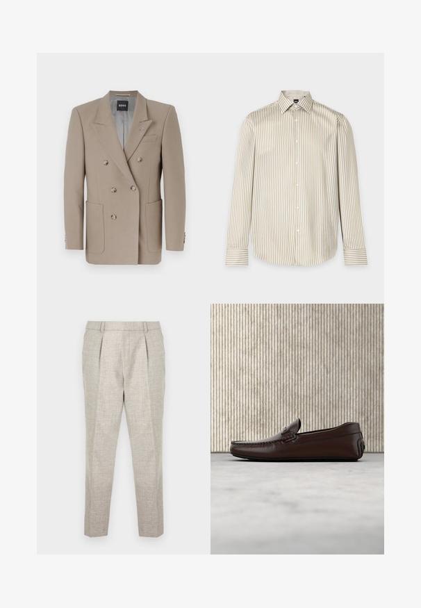 Blazer beige à double boutonnage avec deux grandes poches avant, revers aigus et boutons argentés. Présente une texture unie et une coupe ajustée.; Chemise beige et blanche à rayures verticales, manches longues, col pointu et poignets boutonnés, présentée sur fond uni.; Pantalons ajustés gris clair en tissu texturé, avec une taille plate, deux plis à l'avant et des jambes effilées, se terminant juste au-dessus des chevilles.; Mocassins en cuir marron avec une finition lisse, des coutures de style mocassin, un bout rehaussé et une semelle en caoutchouc basse et flexible.