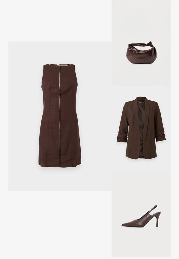 Dunkelbrauner taillierter Blazer mit Schalkragen, Dreiviertelärmeln und einem glatten Satinfutter, ausgestattet mit einem minimalistischen Design.; Ärmelloses dunkelbraunes Kleid mit beigen vertikalen Nahtdetails in der Mitte und um den runden Ausschnitt.; Brauner Lederslingback-Pumps mit spitzer Spitze und dünnem Stiletto-Absatz auf schlichtem hellen Hintergrund.; Dunkelbraune Lederschultertasche mit weicher, lockerer Form und einem gedrehten Knotengriff vor schlichtem weißem Hintergrund.