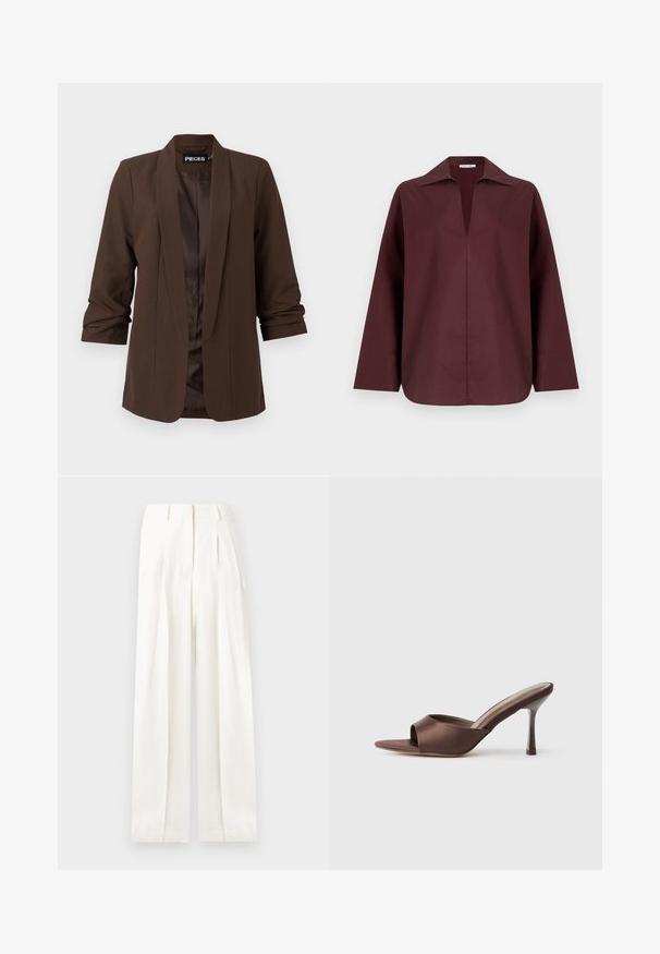 Mørkebrun skræddersyet blazer med sjalskrave, trekvartærmer og en glat satinforing, der har et minimalistisk design.; Bourgogne langærmet skjorte med dyb V-hals, med en lige pasform og struktureret krave. Fremstillet af et glat, let stof.; Højtaljede, hvide bukser med vide ben, plisseringer, bæltestropper, forlommer og skjult foranlukning.; Brune satin åben tå mule med en mellemhøj slank hæl og slip-on design på en ensfarvet hvid baggrund.