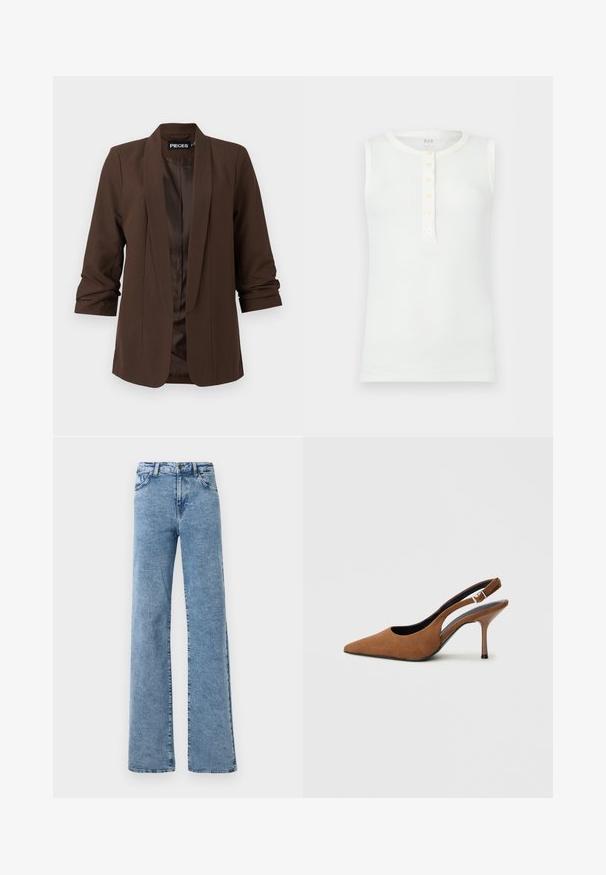 Mørkebrun skræddersyet blazer med sjalskrave, trekvartærmer og en glat satinforing, der har et minimalistisk design.; Hvid ærmeløs ribbet bomuldstop med rund halsudskæring og en plade med fem knapper ned foran, lagt fladt på en lys baggrund.; Noisy May Straight fit NMYOLANDA - Wide leg - medium blue denim; Brune ruskind slingback-høje hæle med spids tås design, en tynd stiletthæl og en spænde-accent på remmen. Tekstureret finish.