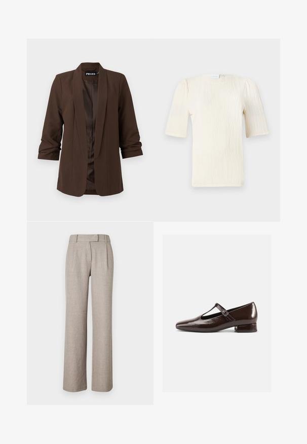 Blazer ajusté marron foncé avec un col châle, des manches trois-quarts et une doublure satin lisse, affichant un design minimaliste.; Blouse à manches courtes de couleur crème avec un motif texturé en vagues. Encolure ronde et détails de fronces subtils aux manches. Tissu léger.; Pantalons beiges ajustés en tissu texturé, présentant une coupe droite et des plis à l'avant. Pas de quincaillerie ni de motifs visibles.; Chaussures Mary Jane en cuir verni marron avec un bout arrondi, un design ajouré et une bride réglable. Talon bas bloc.