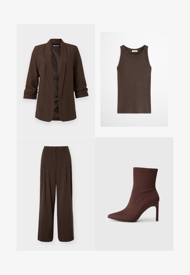 Mørkebrun skræddersyet blazer med sjalskrave, trekvartærmer og en glat satinforing, der har et minimalistisk design.; Mørkebrun ærmeløs tætsiddende tanktop med rund halsudskæring, vist mod en ensfarvet lys baggrund.; Mørkebrune bukser med vide ben, forreste plisseringer, bæltestropper og skjult lynlås foran.; Brun strækstof ankelstøvle med spids tå og 10 cm stilethæl. Sømdetaljer langs siderne, glat tekstur og ingen synlige lukninger.