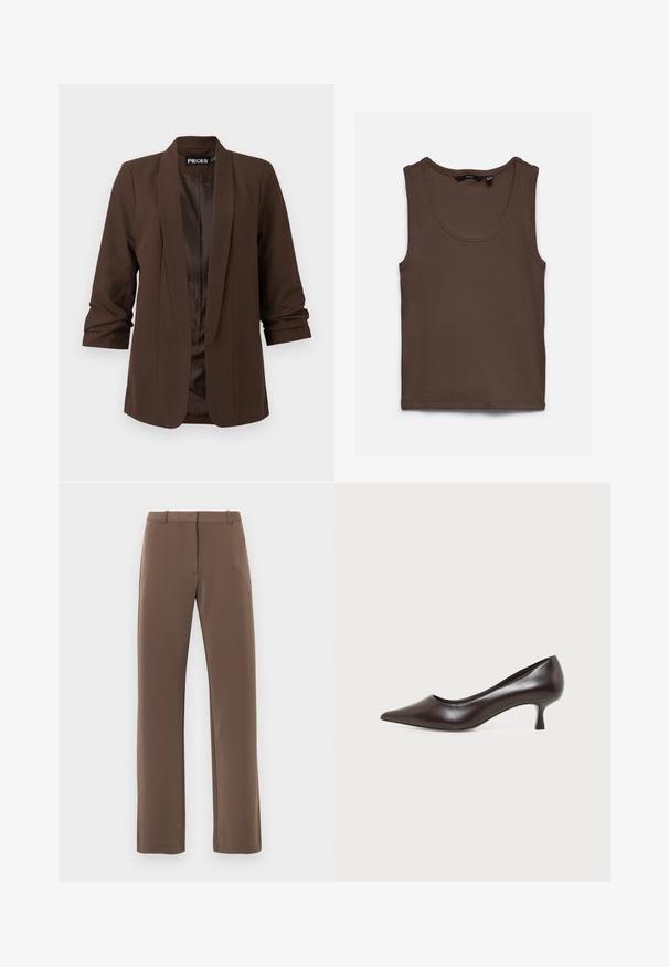 Blazer ajusté marron foncé avec un col châle, des manches trois-quarts et une doublure satin lisse, affichant un design minimaliste.; Débardeur marron sans manches en côtes avec encolure ronde, posé à plat sur un fond clair.; Pantalon marron à jambes droites avec une texture lisse, doté d'une ceinture avec passants et de deux poches latérales. Design classique, sans motifs.; Escarpin en cuir marron foncé à bout pointu avec petit talon incurvé sur fond blanc.