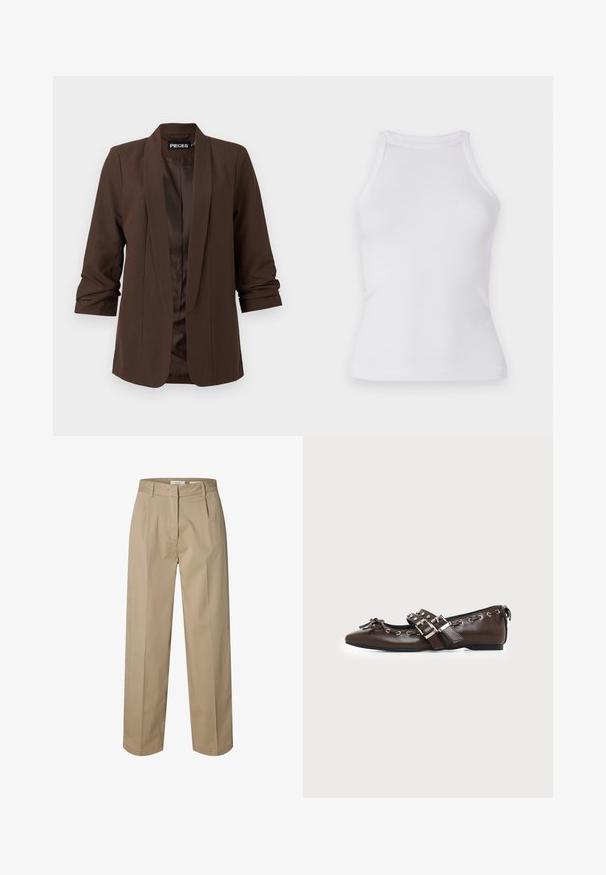 Mørkebrun skræddersyet blazer med sjalskrave, trekvartærmer og en glat satinforing, der har et minimalistisk design.; Hvid ribbet top med en tætsiddende design, rund halsudskæring og uden ærmer. Fremstillet af strækbart stof for komfort og bevægelsesfrihed.; Beige bukser med lige ben, bæltestropper, frontlynlås og klemme-lukning samt diskrete front-plisseringer for et skræddersyet look.; Mørkebrune lædersko med flad sål og spids snude, dobbelt sølvsnørrebånd, metaløjer og dekorativ sløjfe foran.