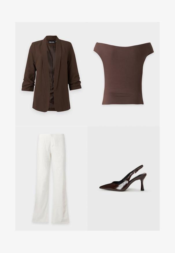 Mørkebrun skræddersyet blazer med sjalskrave, trekvartærmer og en glat satinforing, der har et minimalistisk design.; Brun tætsiddende off-shoulder top med korte ærmer og lige halsudskæring på hvid baggrund.; Hvide bukser med lige ben, højtaljede og med forside knaplukning, vist mod en ensfarvet baggrund.; Brune patenterede læderslingback-sandaletter med spids tå, en tynd hæl og justerbar rem med en lille spænde.