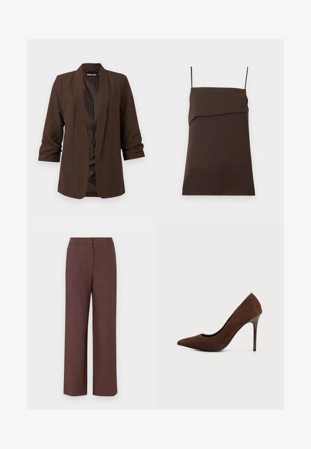 Dunkelbrauner taillierter Blazer mit Schalkragen, Dreiviertelärmeln und einem glatten Satinfutter, ausgestattet mit einem minimalistischen Design.; Dunkelbraunes ärmelloses Minikleid mit dünnen Spaghettiträgern und einem geraden Ausschnitt mit mehrlagigem Stoffdetail.; Braune weite Hosen aus einem strukturierten Stoff mit glatter Oberfläche, ausgestattet mit einem flachen Bund, Gürtelschlaufen und seitlichen Taschen.; Braune Wildleder-Pumps mit hohem Absatz und spitzer Zehenpartie sowie schlankem, schmalem Stiletto-Absatz auf schlicht hellem Hintergrund.