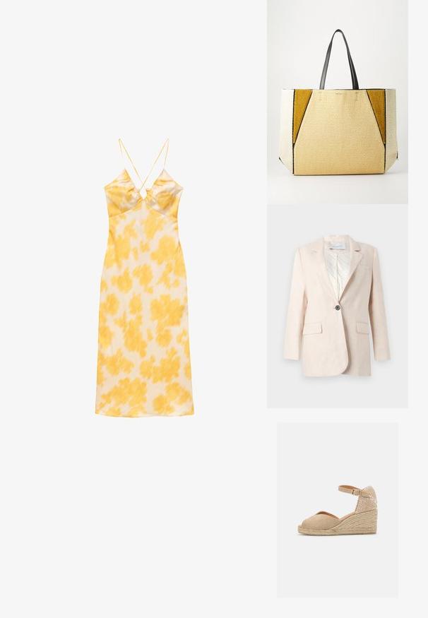 Blazer en lin beige clair avec un bouton simple, deux poches avant et une doublure intérieure à motifs. Présente un design de col classique.; Robe nuisette jaune et blanche à fleurs avec fines bretelles croisées et encolure en V, en tissu léger.; Castañer BIANCA - Espadrilles - sand; Ted Baker COLLAPSIBLE LARGE - Cabas - natural