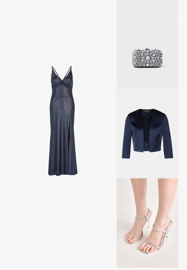 Navyblaue, gekürzte Jacke aus glattem Satin mit Dreiviertelärmeln und offenem Vorderteil. Keine Verschlüsse oder Verzierungen.; Langes, marineblaues ärmelloses Kleid mit schimmerndem Finish. Verfügt über eine geraffte Brustpartie und einen seitlichen Schlitz für Bewegungsfreiheit. Metallische Akzente im Stoff.; Füße, die silberne High-Heelsandalen mit dünnen Riemen und quadratischen Zehen tragen, stehen auf einer hellen Oberfläche.; Kleine rechteckige dunkelgraue Clutch, verziert mit klaren Strasssteinen in einem strahlenförmigen Muster und einem silbernen Kettenriemen.