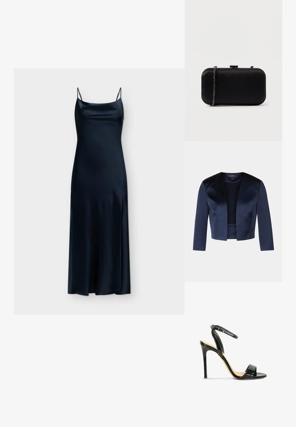Veste courte bleu marine en satin lisse avec des manches trois-quarts et un design à ouverture frontale. Sans fermetures ni embellissements.; Longue robe nuisette en satin noir avec fines bretelles réglables et une fente latérale sur un fond clair uni.; Sandale à talon haut en cuir verni noir avec bride à la cheville et bout ouvert sur fond blanc.; Pochette rectangulaire noire en matériau lisse. Équipée d'une bandoulière en chaîne détachable et d'un fermoir métallique sur le dessus. Design simple avec des bords arrondis.
