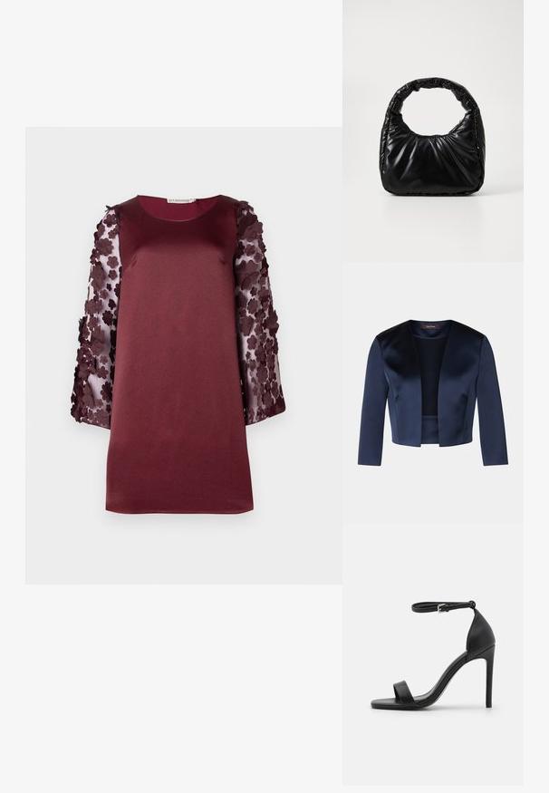 Veste courte bleu marine en satin lisse avec des manches trois-quarts et un design à ouverture frontale. Sans fermetures ni embellissements.; Robe bordeaux avec un devant en tissu lisse et des manches transparentes ornées d'appliqués floraux dans des nuances de bordeaux plus foncées. Encolure ronde.; Sandale noire à talons hauts au design épuré, avec une bride au niveau de la cheville, un bout ouvert et une texture en cuir lisse.; Sac à main noir rembourré avec une poignée arrondie, présentant une surface lisse et brillante ainsi qu'une texture douce et matelassée. Pas de quincaillerie ou d'accents visibles.