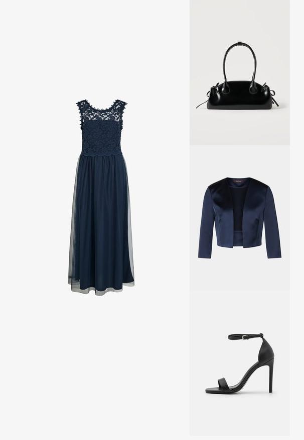 Navyblauwe cropped jas van glad satijn met driekwartmouwen en een open voorkant. Geen sluitingen of versieringen.; Mouwloze marineblauwe jurk met een bloemenkant lijfje, geschulpte randen en een vloeiende doorschijnende rok die tot aan de enkels reikt.; Zwarte sandalen met hoge hakken, met een slank ontwerp, voorzien van een enkelbandje, open teen en een gladde leren textuur.; Kleine zwarte glanzende handtas met twee lange hengsels en zijkant trekkoord details op een effen lichte achtergrond.